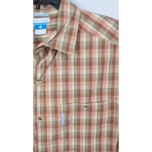 Columbia Mens Plaid‎ Shirt Short Sleeve Button Up Large Orange Brown